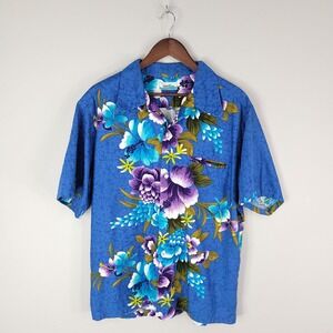 Vintage Penneys Hawaii Shirt Mens Large Blue Floral Aloha Hawaiian Camp 60s